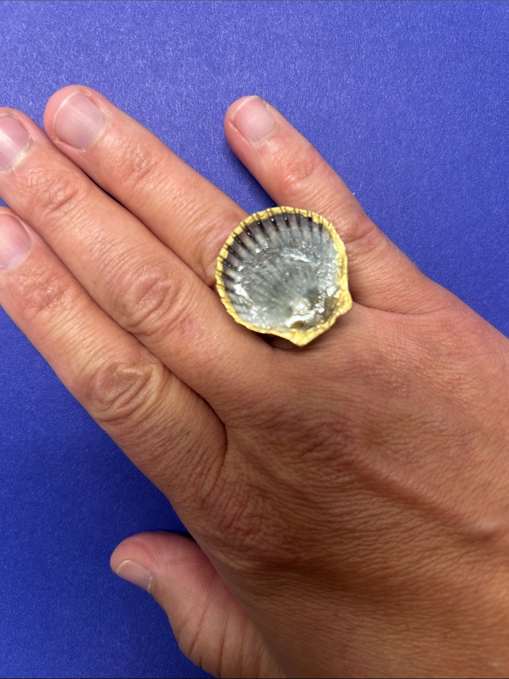 Pearlescent Gray Shell Ring with Gold Edge - Women Jewelry
